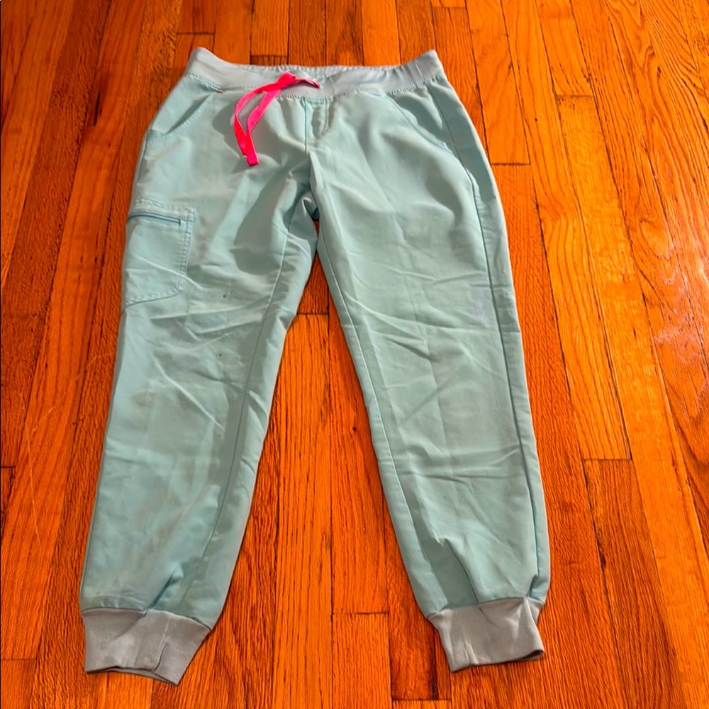 Figs Women's Light Teal Jogger Scrub Pants with Pink Drawstring